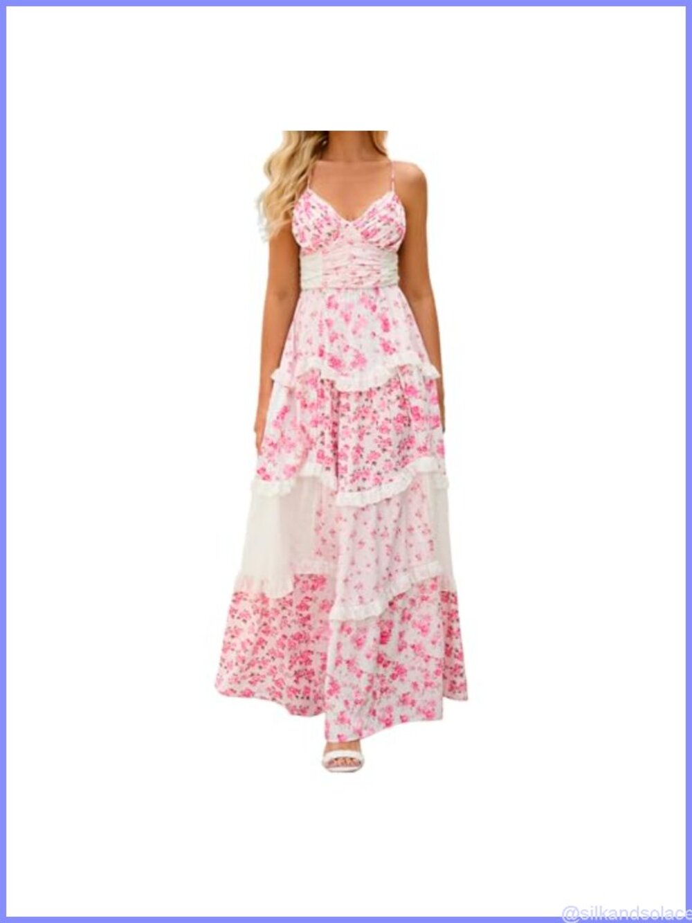 Flowy Boho Floral Maxi Dress V-Neck Spaghetti Straps Tiered Sleeveless